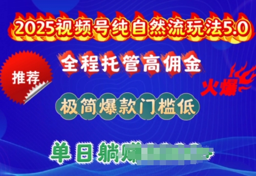 2025视频号纯自然流玩法5.0,全程托管高佣金,极简爆款门槛低,单日收益多张网赚项目-副业赚钱-互联网创业-资源整合神马网赚