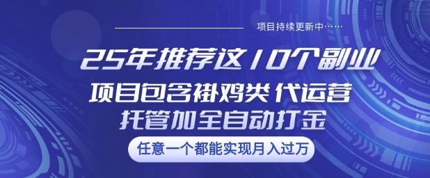25年推荐这10个副业项目包含褂鸡类、代运营托管类、全自动打金类网赚项目-副业赚钱-互联网创业-资源整合神马网赚
