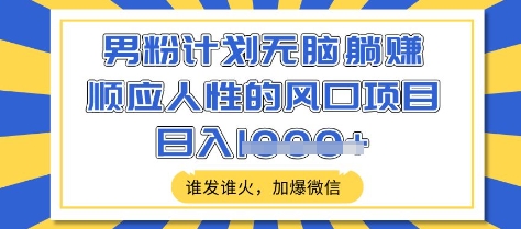 男粉计划无脑躺Z,顺应人性的风口项目,谁发谁火,加爆微信,日入多张网赚项目-副业赚钱-互联网创业-资源整合神马网赚