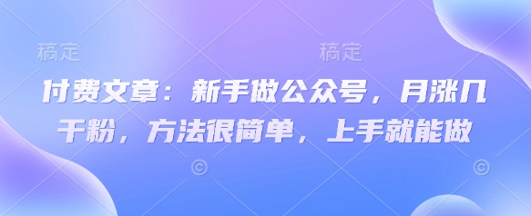付费文章:新手做公众号,月涨几干粉,方法很简单,上手就能做网赚项目-副业赚钱-互联网创业-资源整合神马网赚
