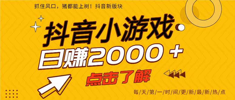 抖音小游戏，最新风口项目，亲测单游戏2000+感兴趣点击了解。网赚项目-副业赚钱-互联网创业-资源整合神马网赚