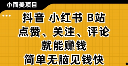 小而美的项目,抖音小红书B站视频点赞、关注、评论就能挣钱,简单无脑立见收益,妥妥的零撸项目网赚项目-副业赚钱-互联网创业-资源整合神马网赚