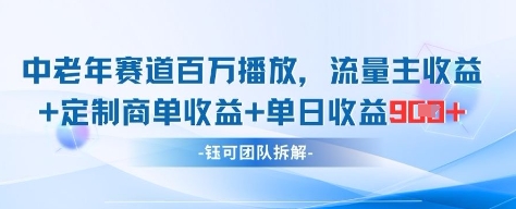中老年赛道百万播放+流量主收益+定制收益,单日收益9张网赚项目-副业赚钱-互联网创业-资源整合神马网赚