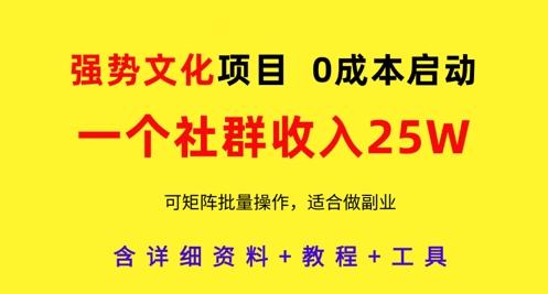 强势文化项目,一个社群收入25个W,0成本启动,可矩阵批量操作,原创详细实操教程网赚项目-副业赚钱-互联网创业-资源整合神马网赚