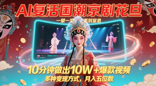 AI复活国潮京剧花旦,一颦一笑美到窒息,10分钟做出10W+爆款视频,多种变现方式,月入五位数网赚项目-副业赚钱-互联网创业-资源整合神马网赚
