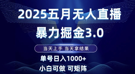 2025五月无人直播暴力掘金3.0,当天上手,当天拿结果,单号日入1k+小白可做可矩阵网赚项目-副业赚钱-互联网创业-资源整合神马网赚
