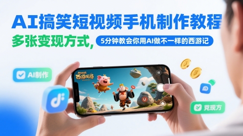 AI搞笑短视频手机制作教程,多张变现方式,5分钟教会你用AI做不一样的西游记网赚项目-副业赚钱-互联网创业-资源整合神马网赚