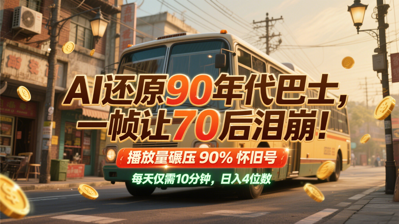 AI还原90年代巴士，一帧让70后泪崩！播放量碾压90%怀旧号，每天10分钟，日入4位数网赚项目-副业赚钱-互联网创业-资源整合神马网赚