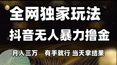 全网独家玩法抖音无人暴力撸金,月入3W,有手就行,当天拿结果网赚项目-副业赚钱-互联网创业-资源整合神马网赚
