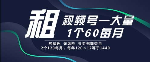 租视频号,一个60每月,2个120.纯绿色、无风险,常年租网赚项目-副业赚钱-互联网创业-资源整合神马网赚