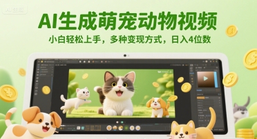 AI生成萌宠动物视频,小白轻松上手,多种变现方式,日入4位数网赚项目-副业赚钱-互联网创业-资源整合神马网赚
