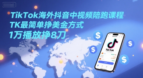 TikTok海外抖音中视频陪跑课程,TK最简单挣美金方式,1万播放挣8刀网赚项目-副业赚钱-互联网创业-资源整合神马网赚