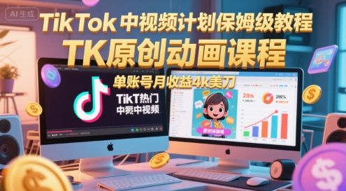 TikTok中视频计划保姆级教程,TK原创动画课程,单账号月收益4k美刀网赚项目-副业赚钱-互联网创业-资源整合神马网赚