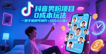 抖音男粉项目0成本玩法,一部手机即可操作,日均4张+,时间自由网赚项目-副业赚钱-互联网创业-资源整合神马网赚