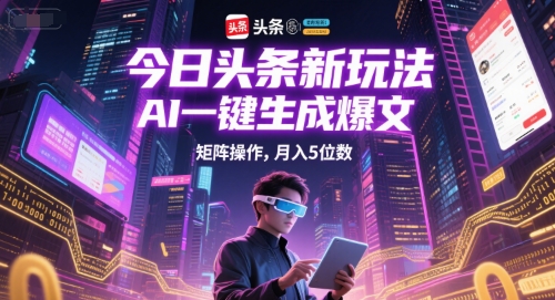 今日头条新玩法,AI一键生成爆文,矩阵操作,月入5位数网赚项目-副业赚钱-互联网创业-资源整合神马网赚