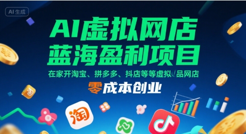 AI虚拟网店蓝海盈利项目,在家开淘宝、拼多多、抖店等虚拟品网店,零成本创业网赚项目-副业赚钱-互联网创业-资源整合神马网赚