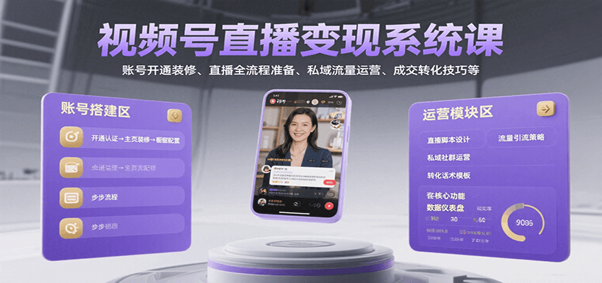 视频号直播变现系统课,账号开通装修、直播全流程准备、私域流量运营、成交转化技巧等网赚项目-副业赚钱-互联网创业-资源整合神马网赚