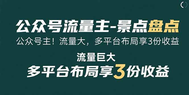 公众号流量主-景点盘点 流量巨大 多平台布局享3份收益网赚项目-副业赚钱-互联网创业-资源整合神马网赚
