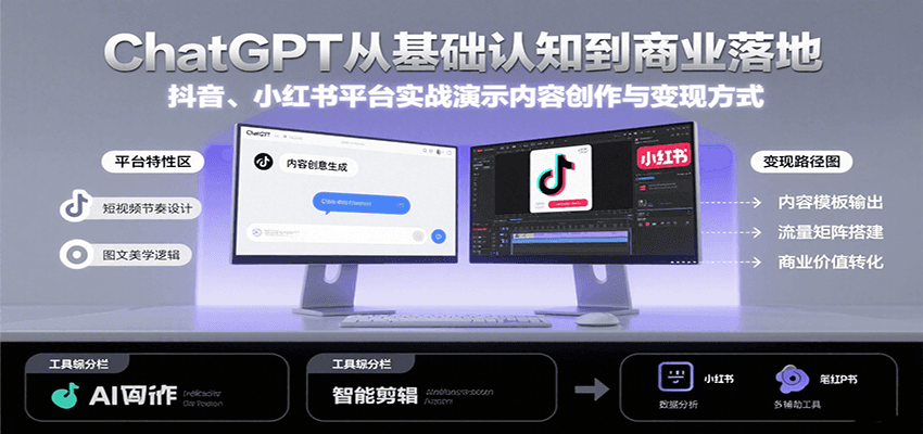 ChatGPT从基础认知到商业落地,实战演示抖音、小红书等平台的内容创作与变现网赚项目-副业赚钱-互联网创业-资源整合神马网赚