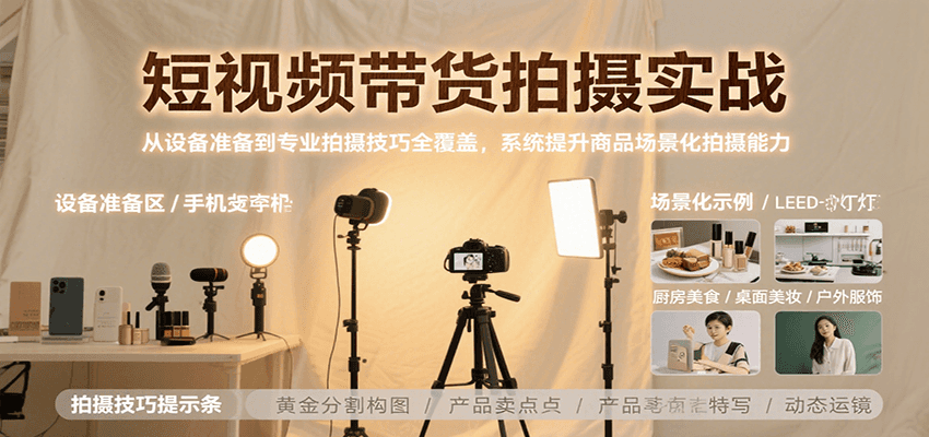 短视频带货拍摄实战,从设备准备到专业拍摄技巧全覆盖,系统提升商品场景化拍摄能力网赚项目-副业赚钱-互联网创业-资源整合神马网赚