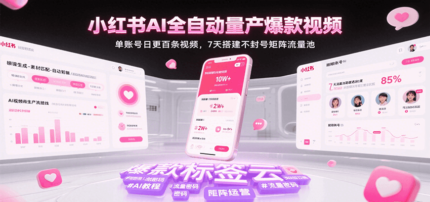 小红书AI全自动量产爆款视频,单账号日更百条视频,7天搭建不封号矩阵流量池网赚项目-副业赚钱-互联网创业-资源整合神马网赚