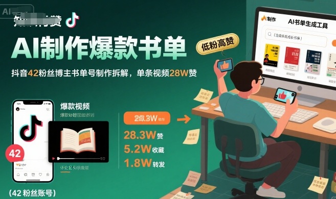 AI制作爆款书单,抖音42粉丝博主书单号制作拆解,单条视频28W赞网赚项目-副业赚钱-互联网创业-资源整合神马网赚
