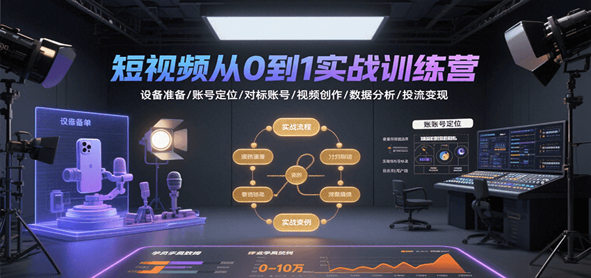 短视频从0到1实战训练营:设备准备/账号定位/对标账号/视频创作/数据分析/投流变现网赚项目-副业赚钱-互联网创业-资源整合神马网赚